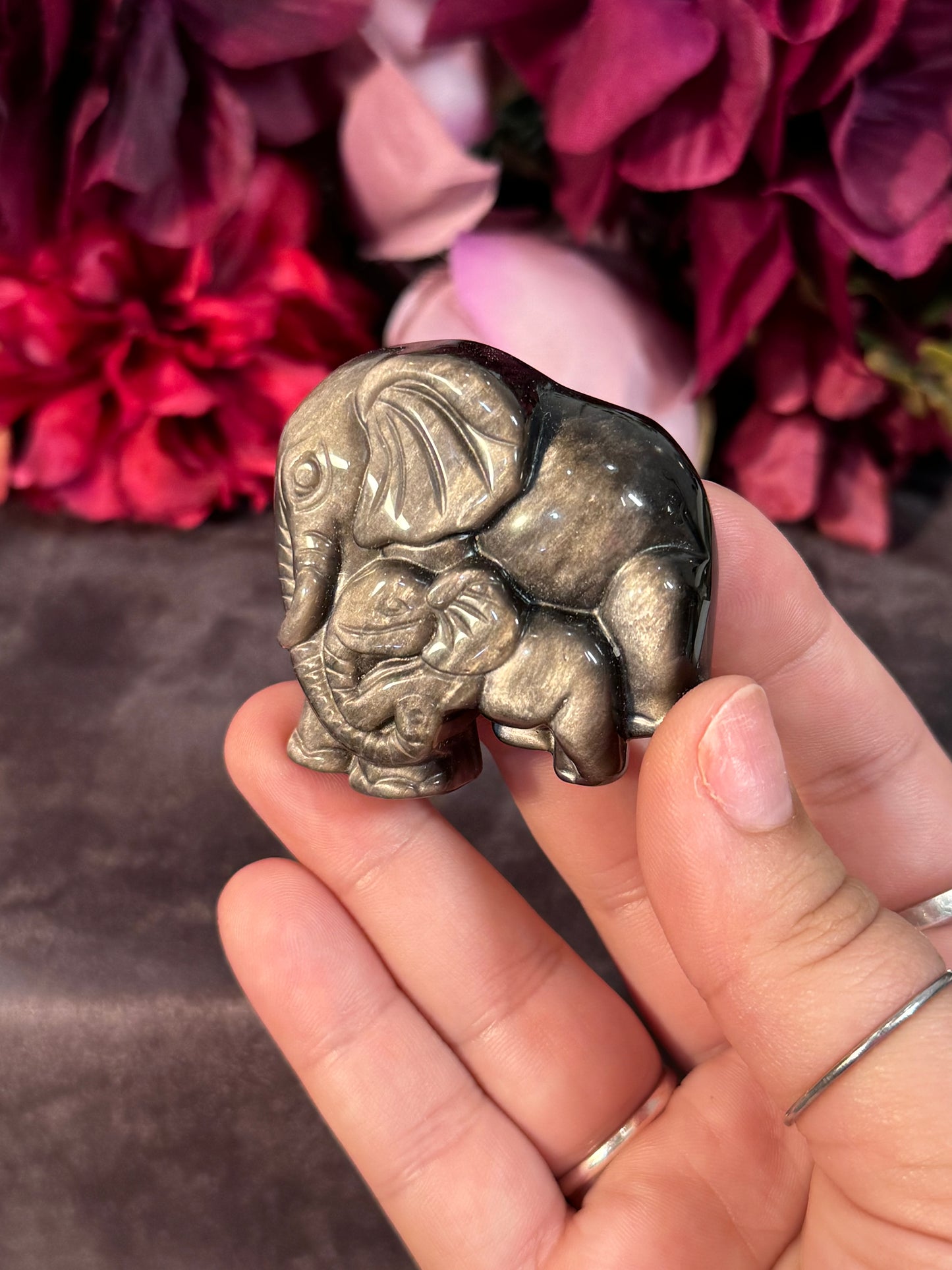 Silver Sheen Obsidian Mom and Baby Elephant Carving