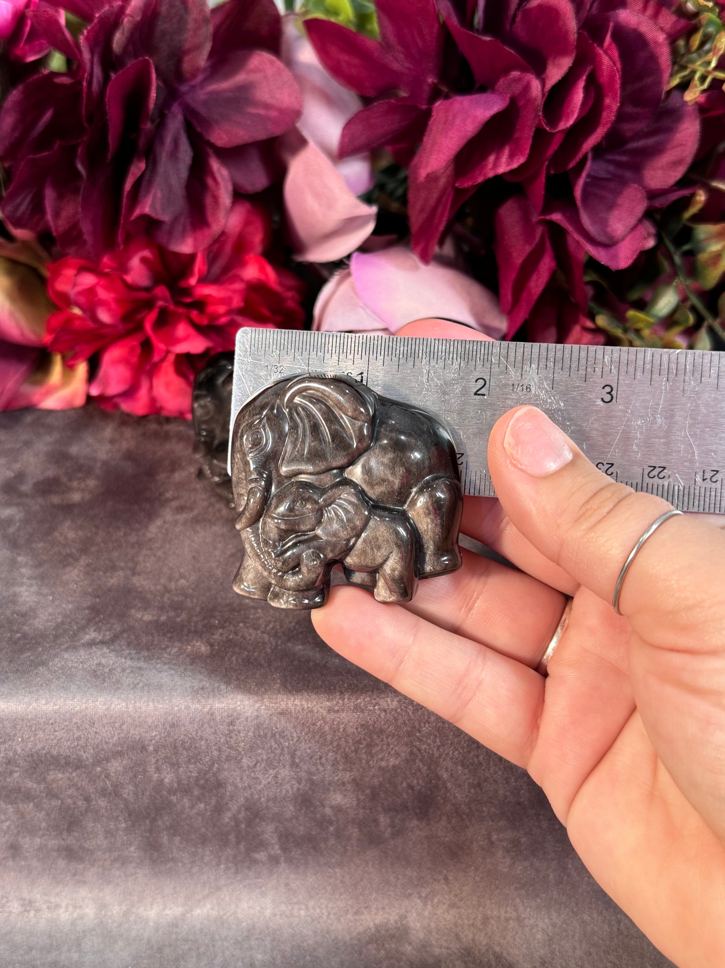 Silver Sheen Obsidian Mom and Baby Elephant Carving