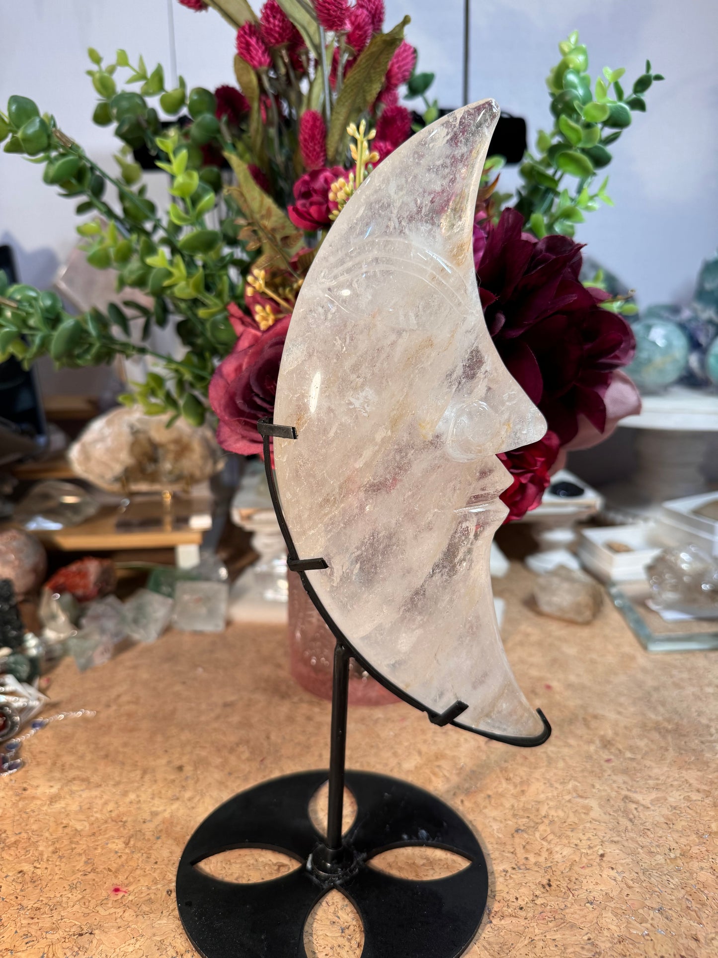 Large Clear Quartz Moon Face On Custom Stand