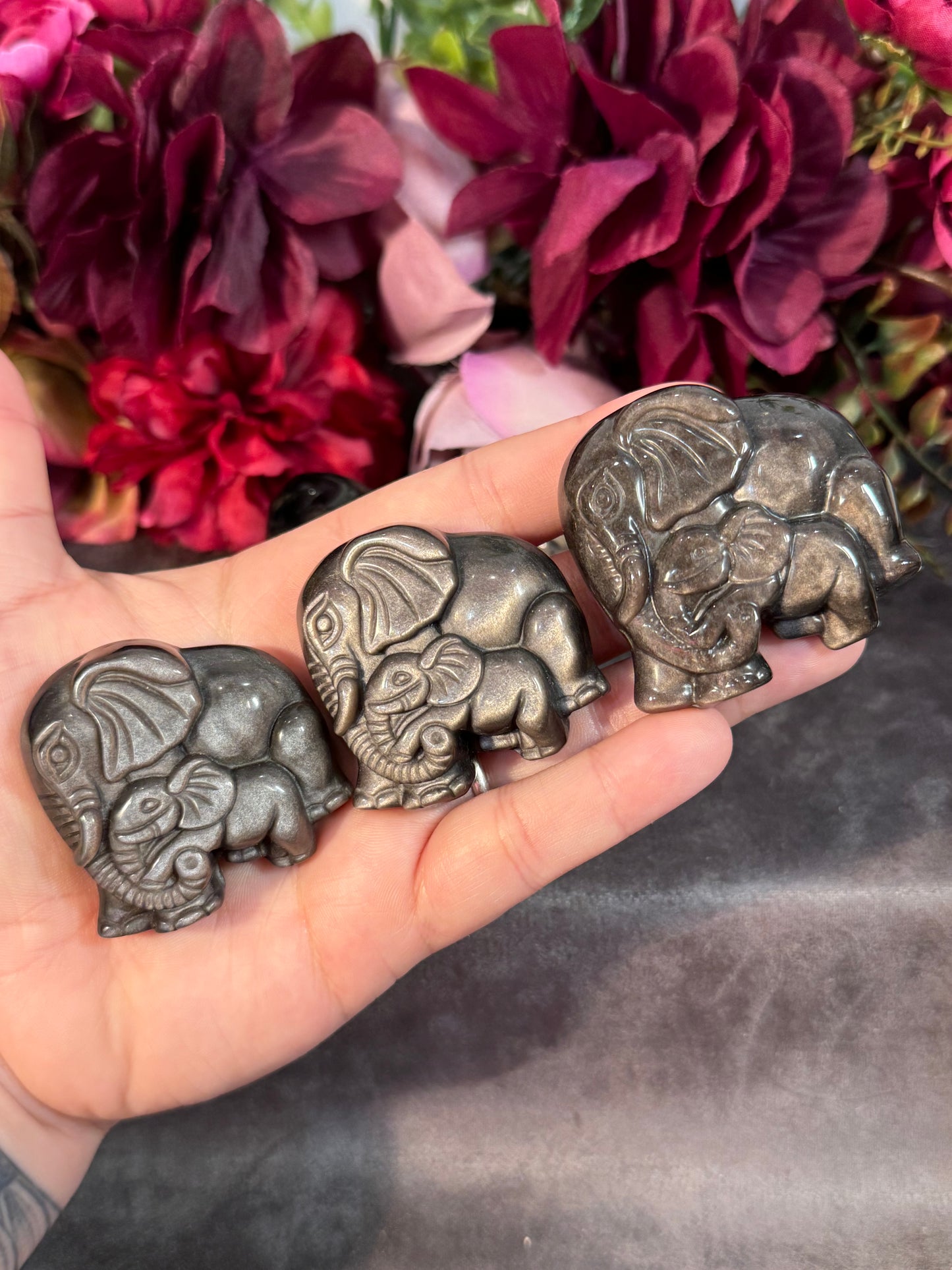 Silver Sheen Obsidian Mom and Baby Elephant Carving