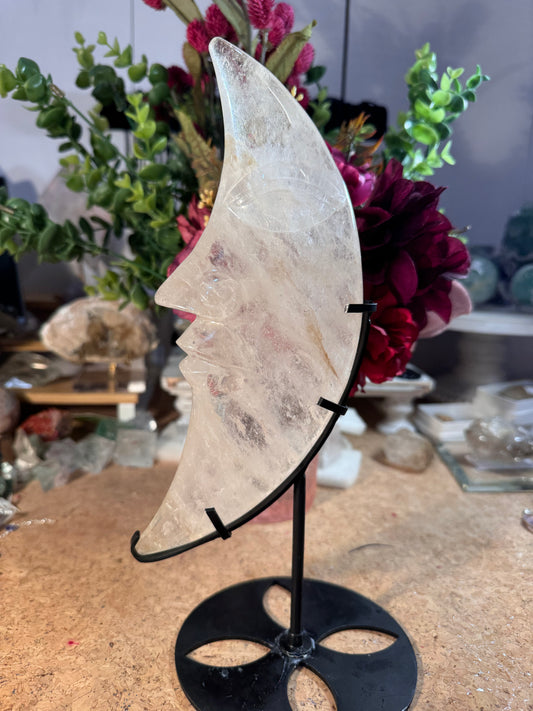 Large Clear Quartz Moon Face On Custom Stand