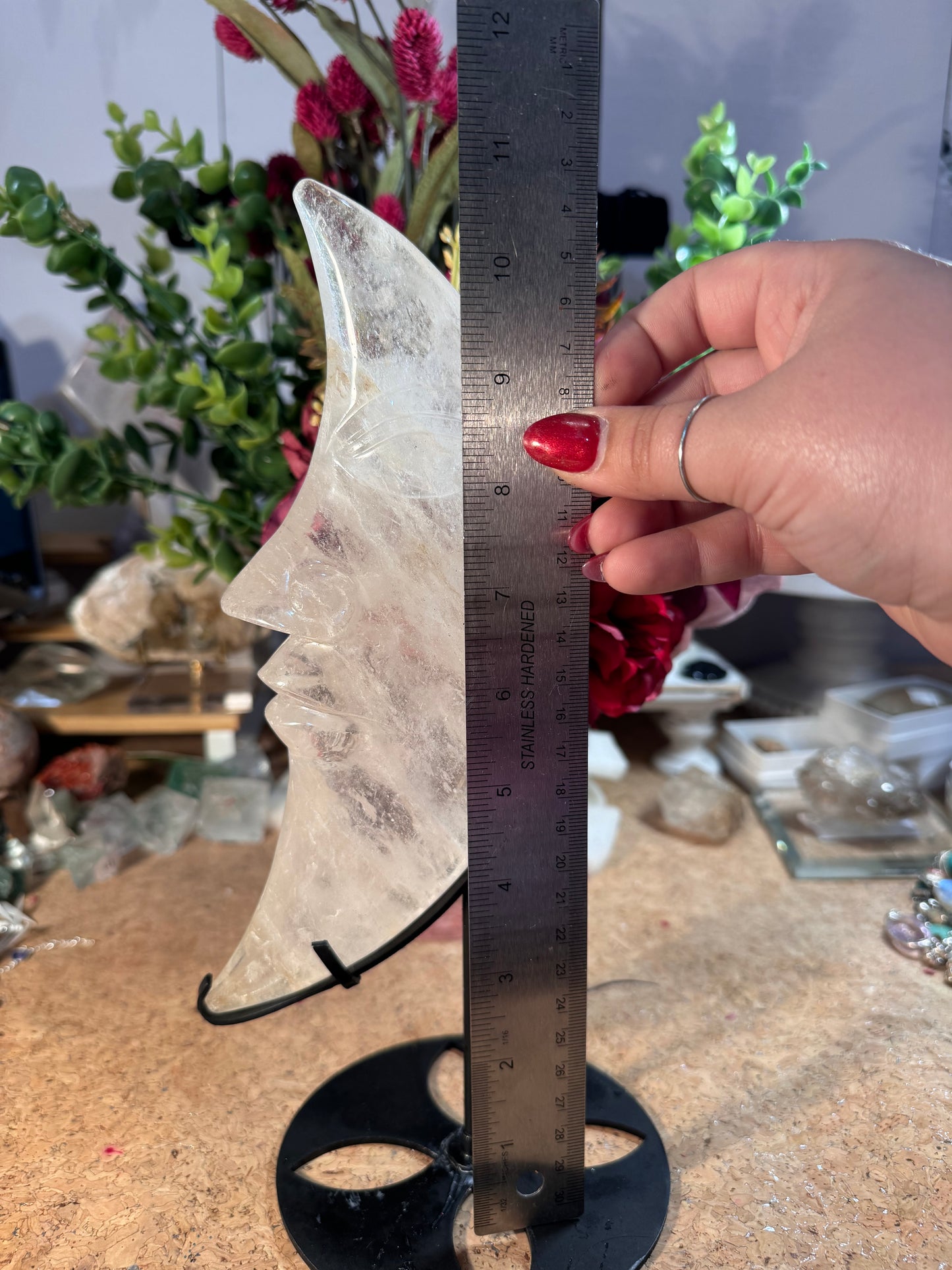 Large Clear Quartz Moon Face On Custom Stand